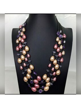 Talbots Faux Pearl & Rhinestone Multi Strand Necklace 32"